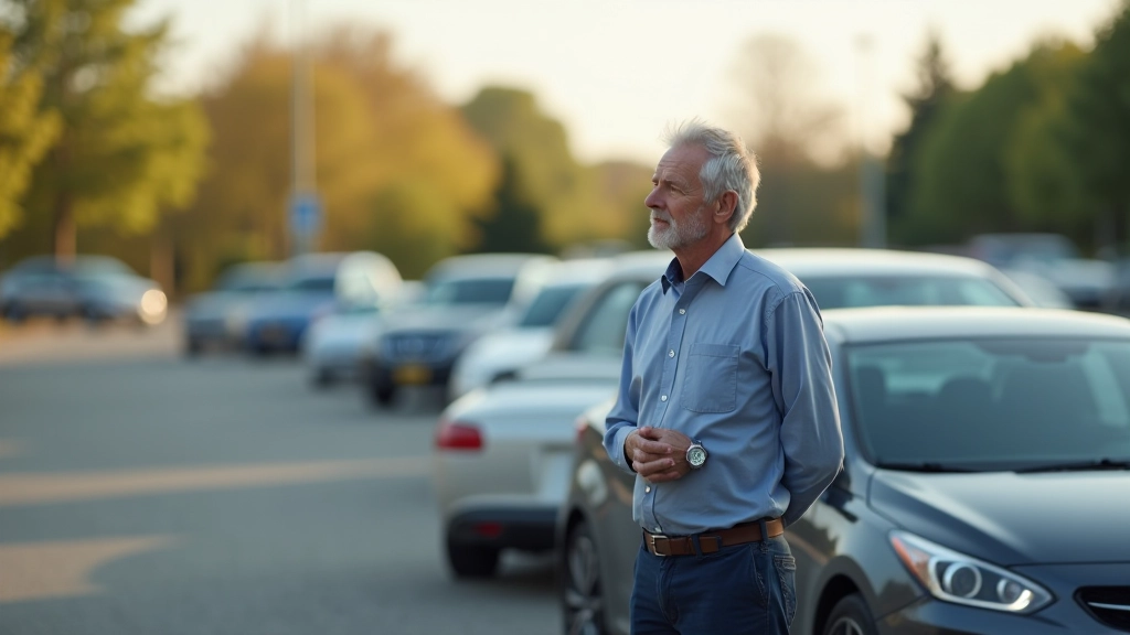 Pensionär käib auto kõrval, nähtavad tema keha asend ja painduvus, tervislik seisund